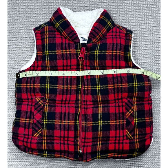 Old Navy Baby Flannel Quilted Vest Red Black Plaid Sherpa Lined Full Zip 0-3 Mo - Picture 6 of 7